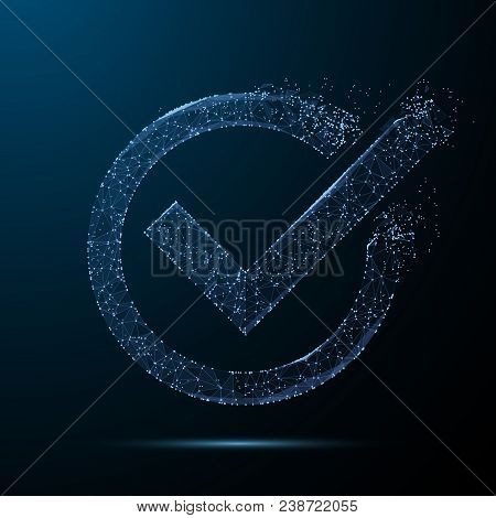 Check Mark. Polygonal Wireframe Mesh On Dark Blue Night Sky With Dots And Stars. Check, Vote, Questi