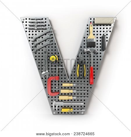 Letter V. Alphabet from the tools on the metal pegboard isolated on white.  3d illustration