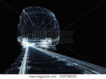 Abstract Polygonal High-speed Passenger Train. Traveling Concept. 3d Illustration On Black Backgroun