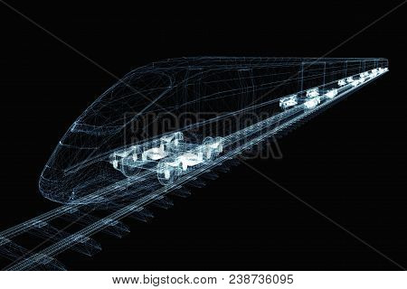 Abstract Polygonal High-speed Passenger Train. Traveling Concept. 3d Illustration On Black Backgroun