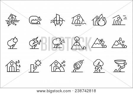 Natural Disaster Icon Set, Storm, Flood, Volcanic Eruption, Tornado, Rockfall, Fire, Drought Black L