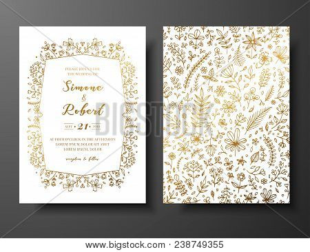 Golden Vector Wedding Invitation With Hand Drawn Twigs, Flowers And Brahches. Golden Botanical Templ