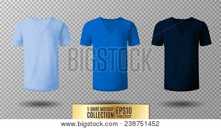 Realistic Vector V-neck T-shirt Mock Up Illustration. Light, Normal, Dark Blue Colors