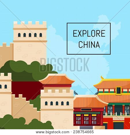 Vector Flat Style China Elements And Sights Background Illustration With Place For Text
