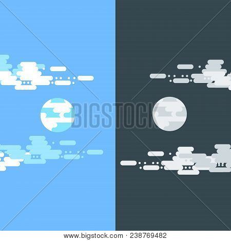 Day And Night Vector Flat Illustrations Or Banners. Sun And Moon. Half Day And Night, Sun And Moon W