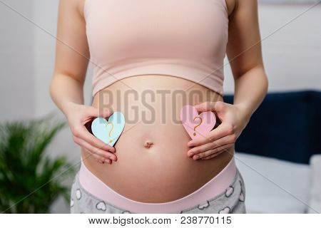Cropped Shot Of Pregnant Woman Holding Blue And Pink Hearts With Question Marks