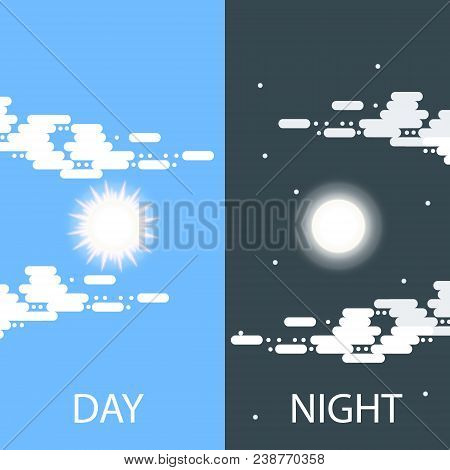 Day And Night Vector Flat Illustrations Or Banners. Sun And Moon. Half Day And Night, Sun And Moon W