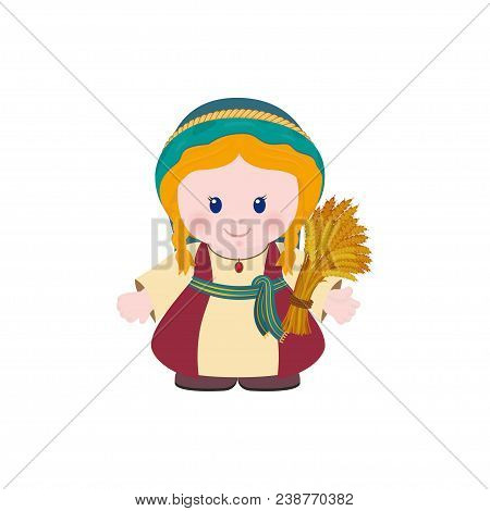 Ruth With Sheaf Of Wheat On White Background. Cartoon Character.