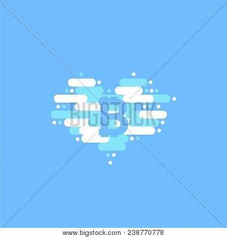 Bitcoin In Cloud In The Shape Of A Heart With Shadow And Blue Sky Background.