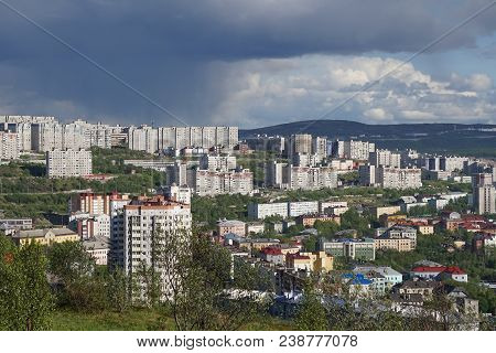 Murmansk, Russia-june 5, 2015: The Urban Landscape Of The Murmansk Soviet Architecture And The Brigh