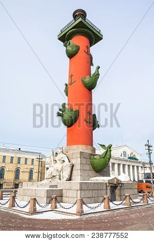 Rostral Column On Spit Of Vasilyevsky Island In St Petersburg City In March