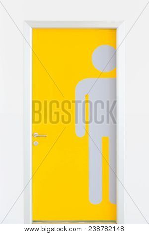 Men Symbols On The Yellow Public Toilet Entrance Door.