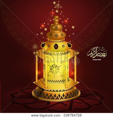 Ramadan Kareem Vector Greetings Design With Lantern Or Fanoos Mock Up With Red Background. Vector Il