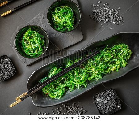 Top View Of Seaweed Salad Or Chuka Wakame, Japanese Food