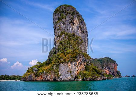 Scenic Limestone Mountains Between The Islands Of Koh Phi Phi, Koh Lanta And Railay Beach At Krabi A