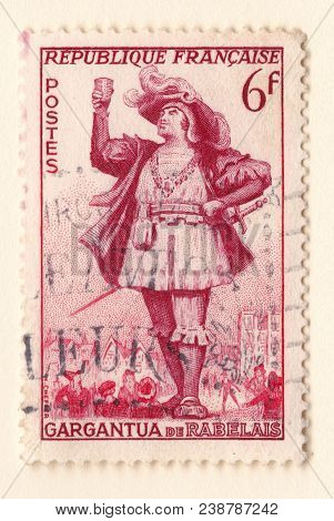Leeds, England - May 02 2018: An Old French Postage Stamp With An Actor From The Novel Gargantua By 