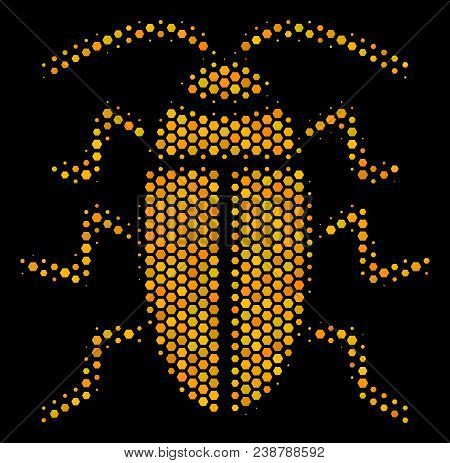 Halftone Hexagon Cucaracha Icon. Bright Yellow Pictogram With Honey Comb Geometric Pattern On A Blac
