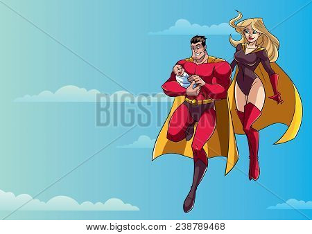 Full Length Illustration Of Happy Super Dad And Super Mom With Super Baby, Flying In The Sky.
