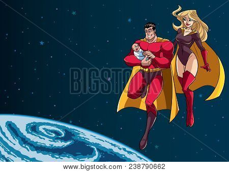 Full Length Illustration Of Happy Super Dad And Super Mom With Super Baby, Flying In The Outer Space