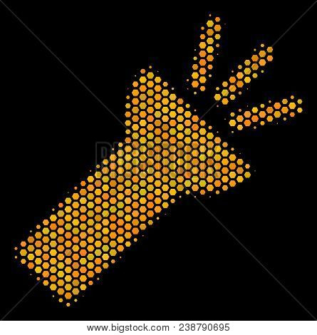 Halftone Hexagon Electric Torch Light Icon. Bright Yellow Pictogram With Honey Comb Geometric Patter