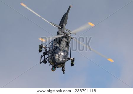 Berlin - Apr 27, 2018: New Airbus H145m Military Helicopter Performing At The Berlin Ila Air Show.