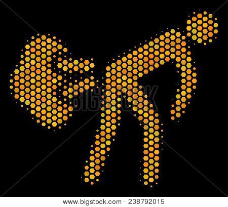 Halftone Hexagon Fart Gases Icon. Bright Yellow Pictogram With Honey Comb Geometric Structure On A B