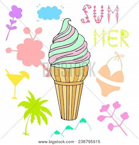 Vector Illustration Of An Ice Cream. Doodle Texture With Swet Dessert. Perfect Background For Cafe O