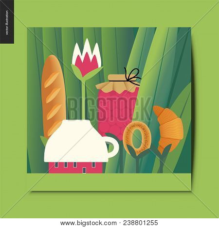 Simple Things - Concept Illustration Of A Tiny Cup House And Tee Meal On The Stems Growing Among Hug