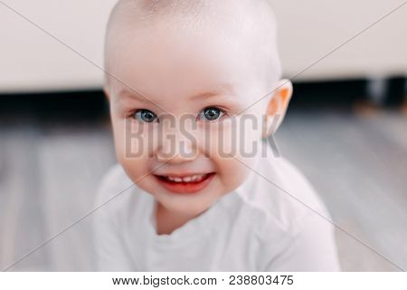 Image Of Cute Baby Boy, Closeup Portrait Of Adorable Child Isolated On White Background, Sweet Toddl