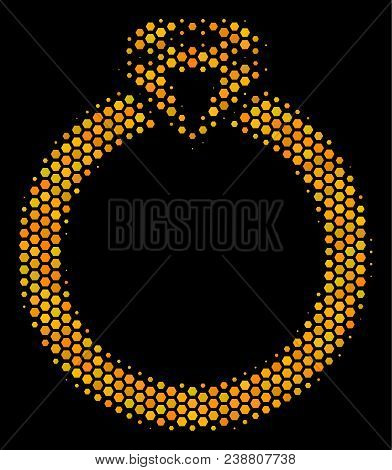 Halftone Hexagonal Ruby Ring Icon. Bright Gold Pictogram With Honey Comb Geometric Pattern On A Blac