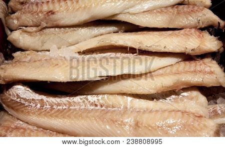 Fresh cod fillets in the fish market