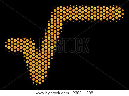 Halftone Hexagonal Sqrt Icon. Bright Gold Pictogram With Honeycomb Geometric Structure On A Black Ba