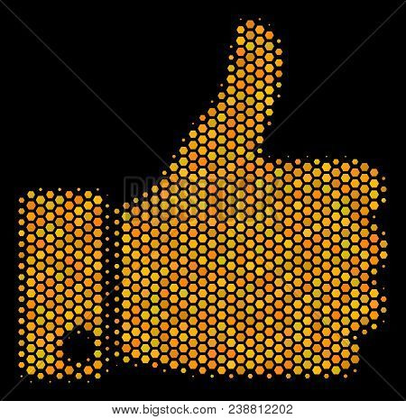 Halftone Hexagonal Thumb Up Icon. Bright Gold Pictogram With Honey Comb Geometric Structure On A Bla