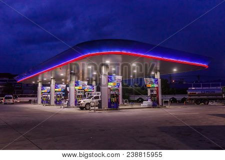 Phuket, Thailand - May 2, 2018: Gas Station Of Petroleum Authority Of Thailand (ptt) In Ealy Nigh Ti