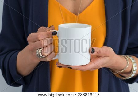 Womans Hands Holding A White Mug, Perfect For Displaying Your Quote, Design On Mugs You Sell.