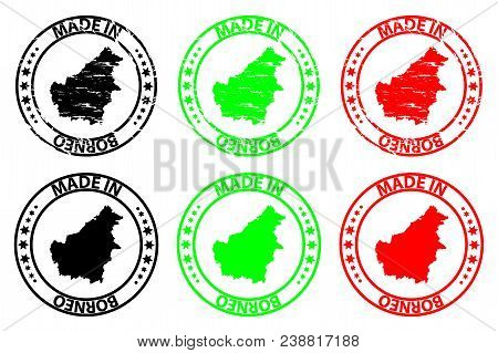 Made In Borneo - Rubber Stamp - Vector, Borneo Map Pattern - Black, Green And Red