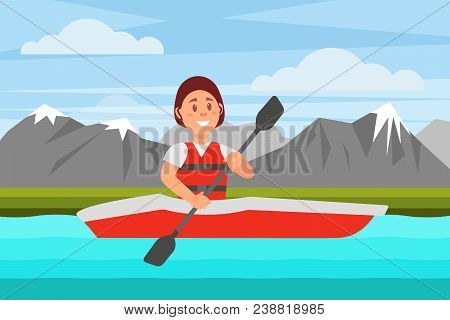 Cheerful Woman Swimming By River On Red Kayak. Beautiful Natural Landscape With Mountains. Active Re