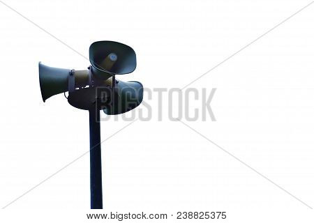 Public Horn Loud Speakers On The Metal Pole At The Park On White Isolated Background