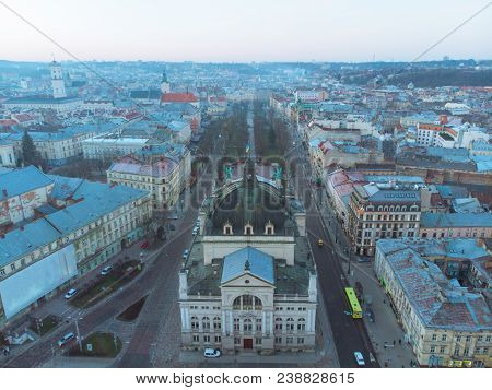 Old European Architecture. Opera Building In Center Of City. Aerial View