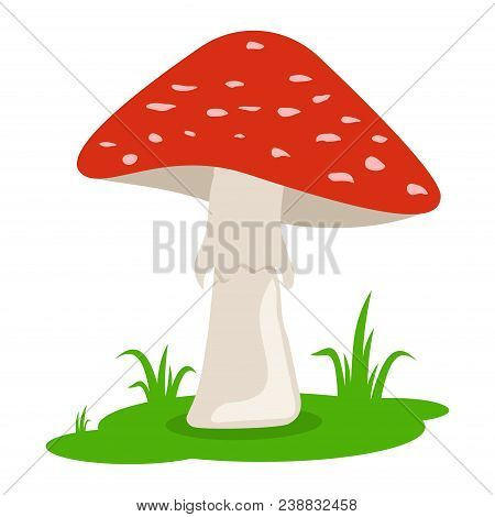 Cartoon Red Mushrooms On The Grass Isolated On White Background. Forest Poison Mushroom. Amanita In 