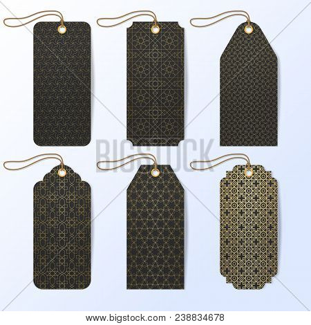 Labels With Golden Pattern, Template Vintage Set Of Arabic Style Backgrounds For Design Labels. Stoc