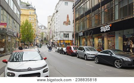 Vienna, Austria - 15 April 2018: Cars Parked On The Streets Of The City.