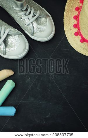 Sport Boots Children Chalkcs Chalkboard Textured Background Copy Space.