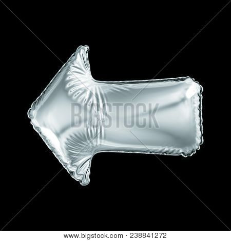 Silver arrow icon made of inflatable balloon isolated on black background. 3d rendering