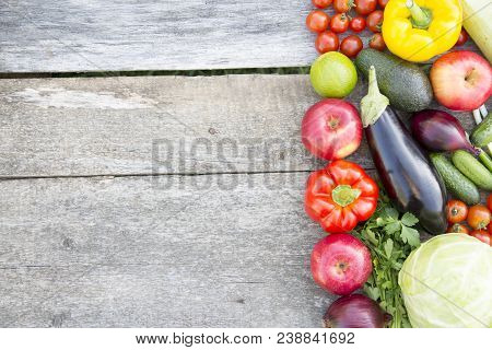 Set Of Various Vegetables And Fruits On Rustic Wooden Background, Top View. From Above. Copy Space.