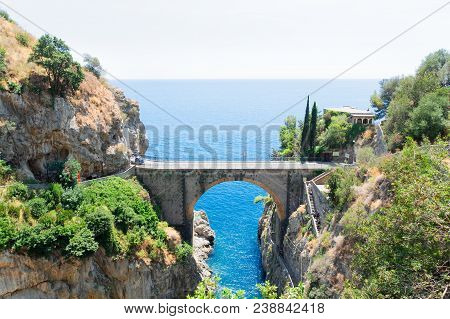Famous Picturesque Road Viaduct Of Amalfitana Summer Coast, Italy