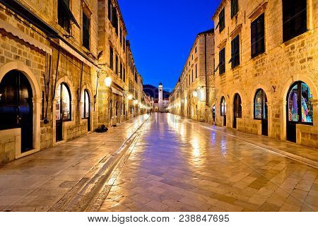 Famous Stradun Street In Dubrovnik Night View, Dalmatia Region Of Croatia