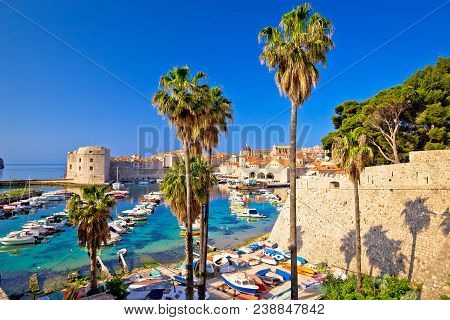Dubrovnik Colorful Harbor View From Ploce Gate, Old Town Walls In Dalmatia Region Of Croatia