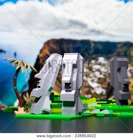 RUSSIA, April 17, 2018. Constructor Lego. Three moai standup in Easter Island.