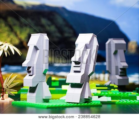 RUSSIA, April 17, 2018. Constructor Lego. Three moai standup in Easter Island.